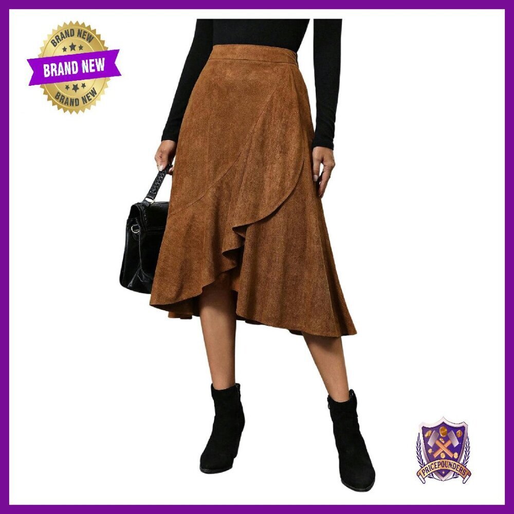 High Waisted A-Line Midi Skirt with Asymmetrical Ruffle Flowy Polyester
